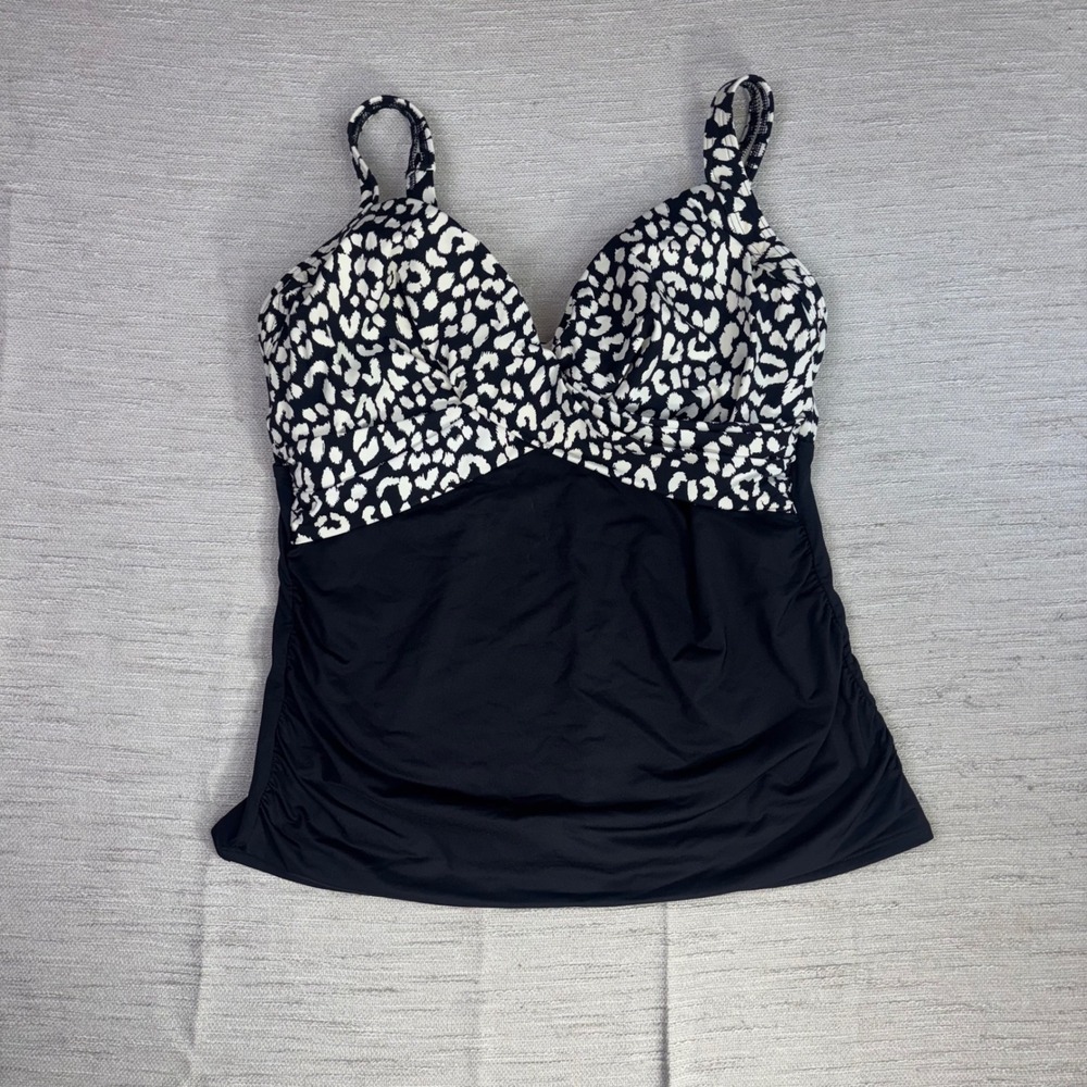 Lands End Womens Black White Leopard Print Underwire Ruched Tankini Top 14 D